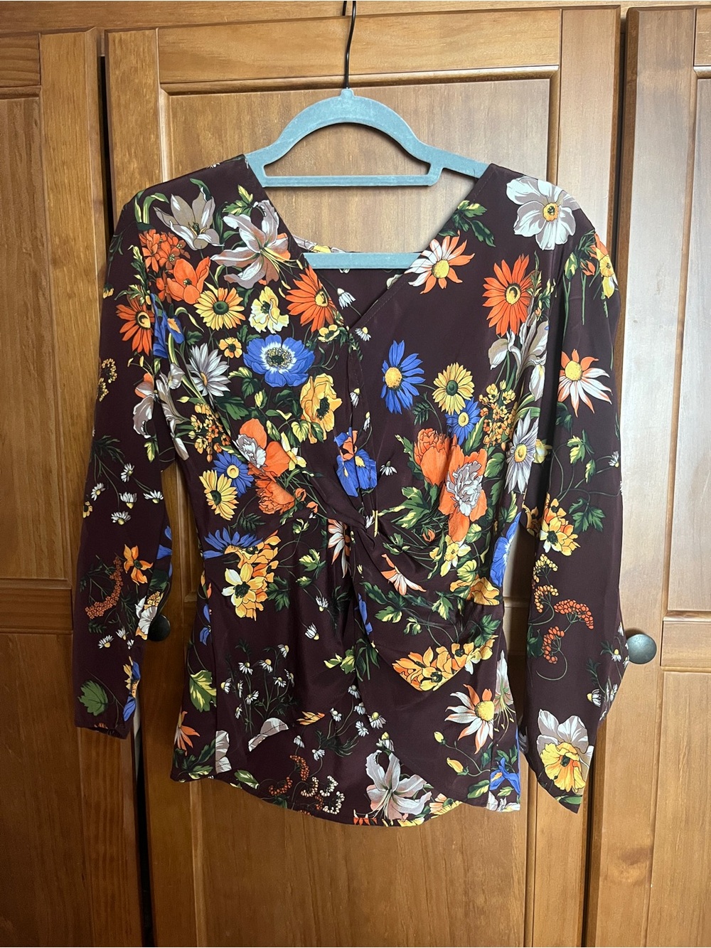 Amour Vert Eggplant Floral Twist-Front V-Neck Top